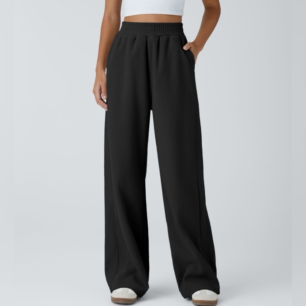 Halara High Waist Wide Straight Leg Mop Corduroy Like Casual Pants Black Small - Picture 3 of 10